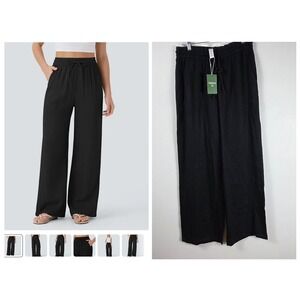 Halara Black Linen Blend Wide Leg Drawstring High Waisted Pants NWT Women LTALL